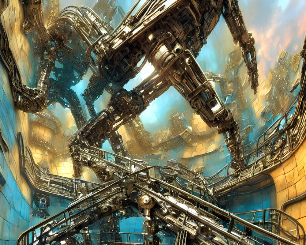 Sci-fi machinery with metallic structures and pipes against blue sky and clouds