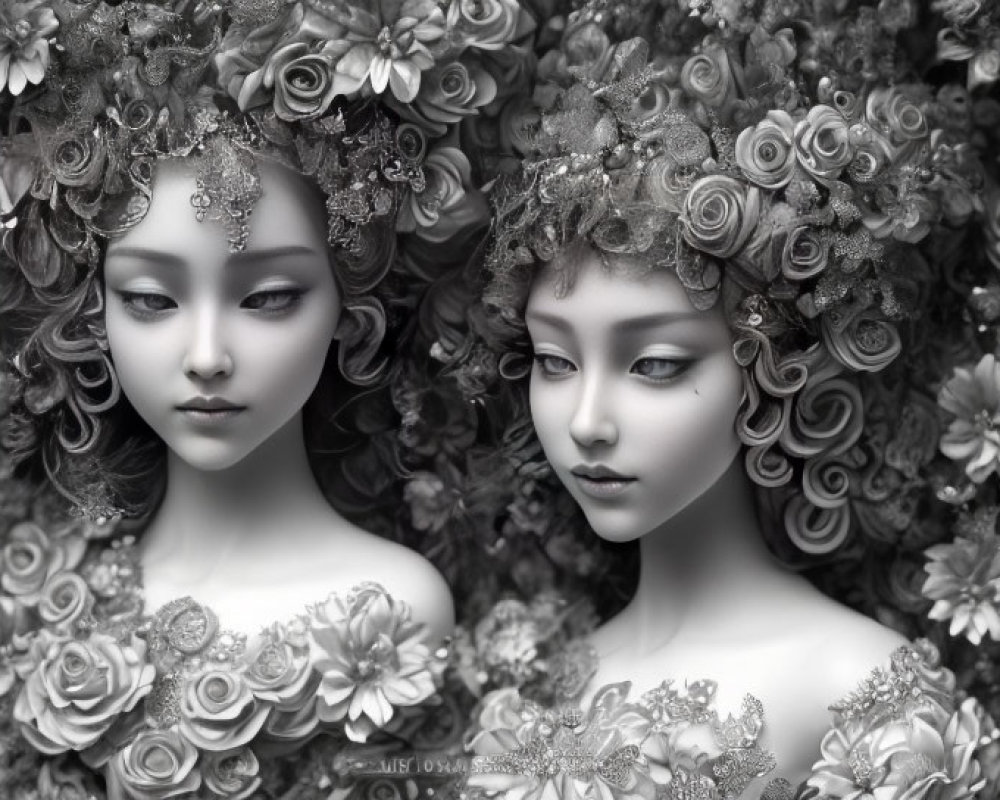 Identical figures with floral adornments on monochromatic background