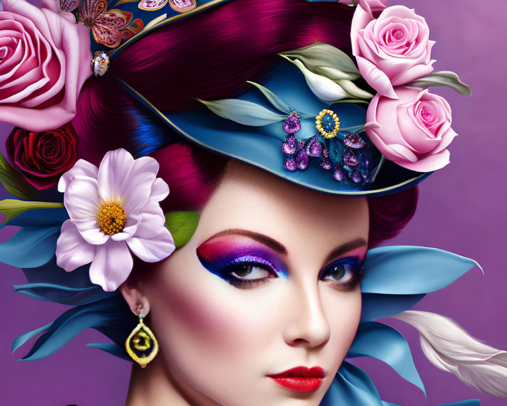 Stylized portrait of a woman with vibrant makeup and floral hat