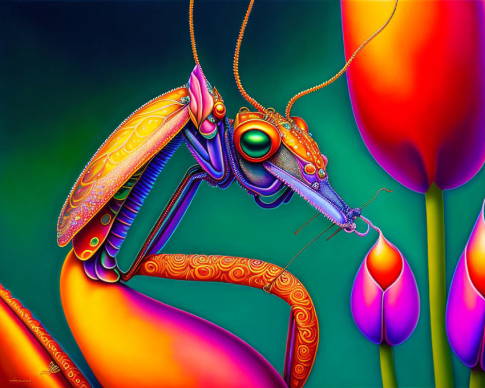 Colorful surreal illustration: Mechanical praying mantis on leaf with tulips