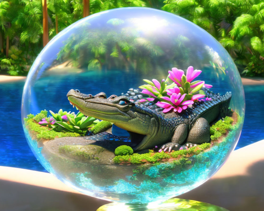 Smiling alligator in transparent sphere surrounded by lush pink and greenery