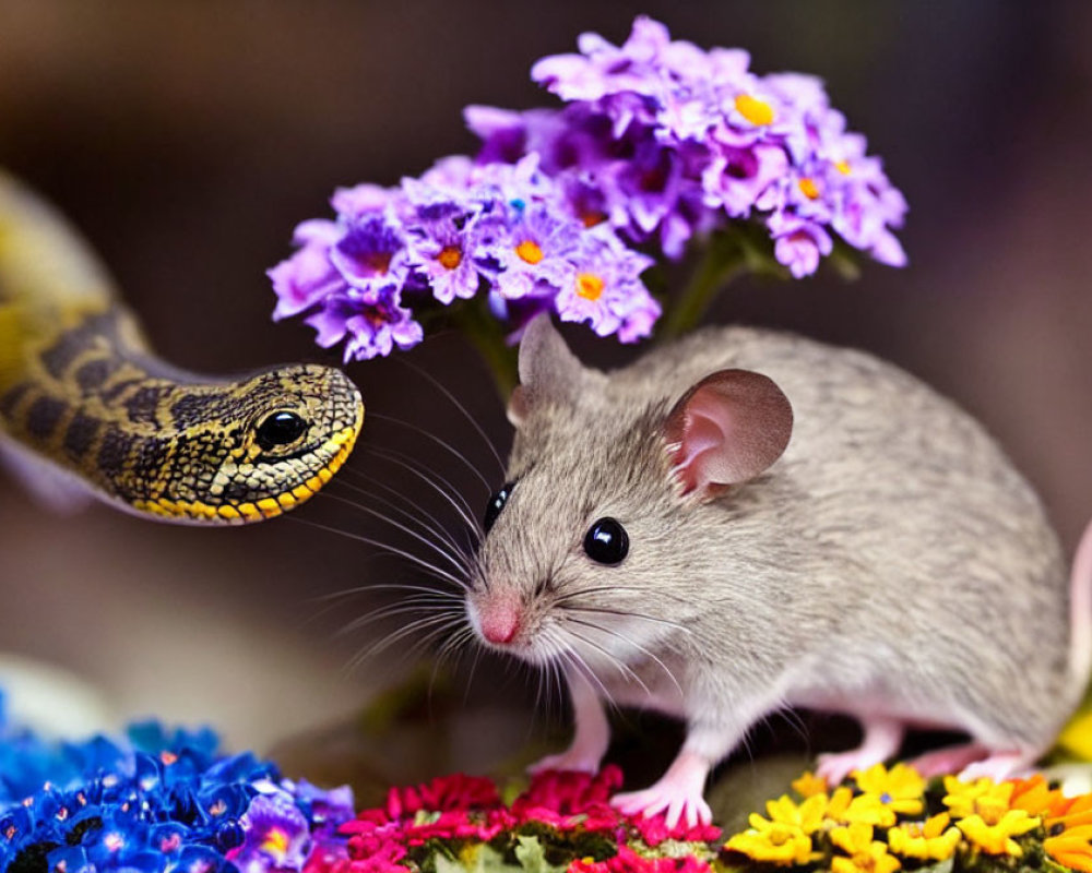 Mouse and snake encounter amidst colorful flowers and purple blooms