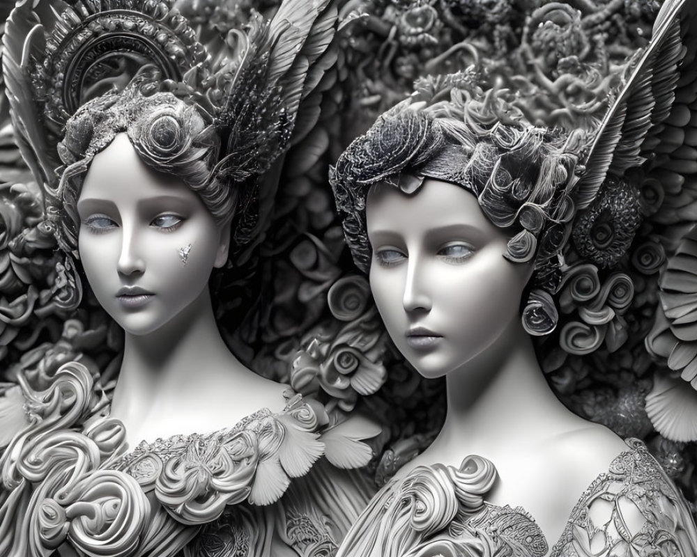 Intricate Monochrome Female Statues with Elaborate Wings and Hairstyles
