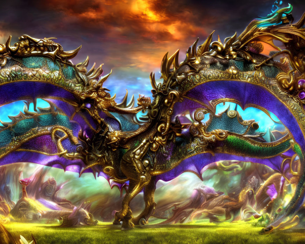 Majestic golden dragon with intricate designs in a fantasy setting