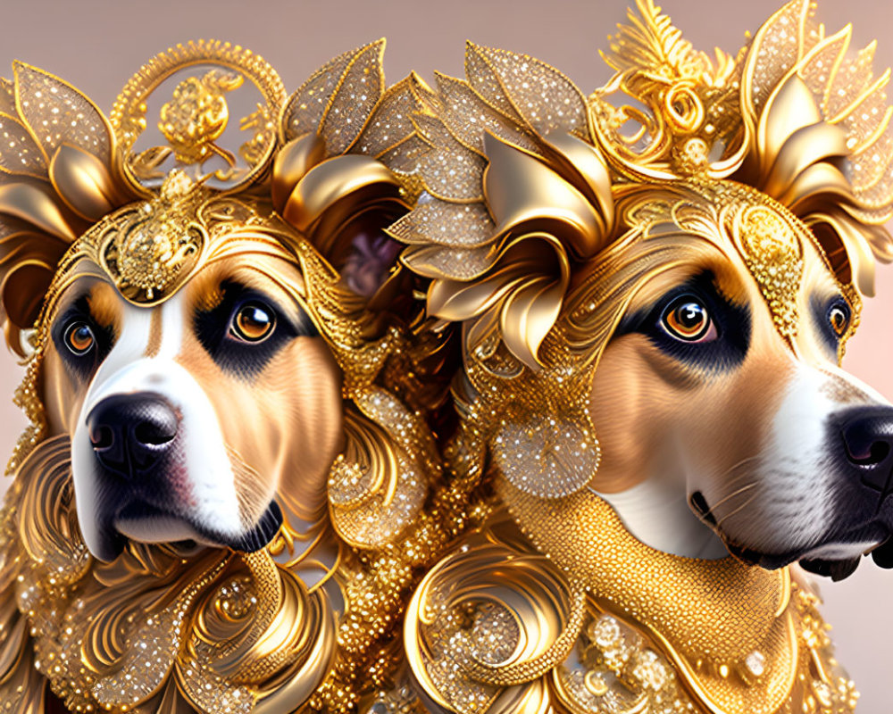 Regal Dogs with Golden Headdresses on Warm Background