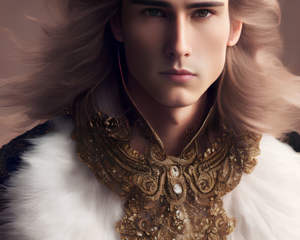 Digital portrait of an elf with long blond hair and intense eyes, adorned with a gold and white fur