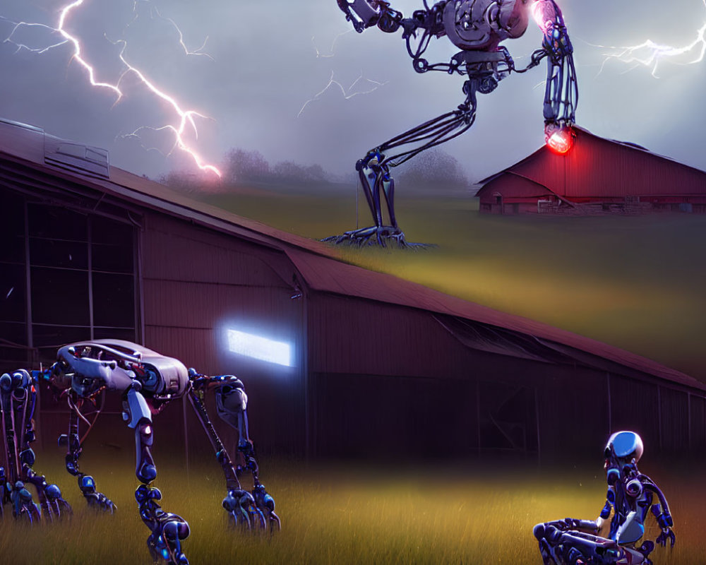 Advanced robots in stormy countryside with lightning and eerie barn glow