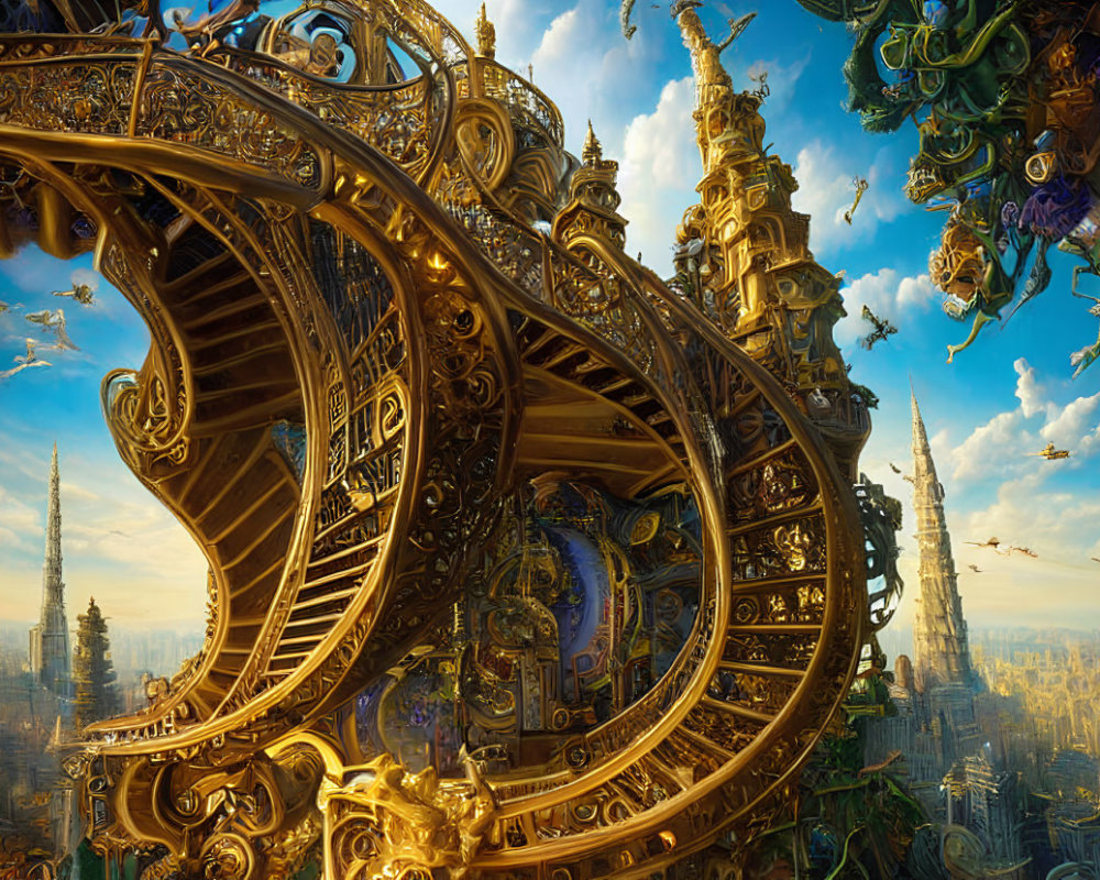 Fantasy Cityscape with Golden Structures and Towering Spires