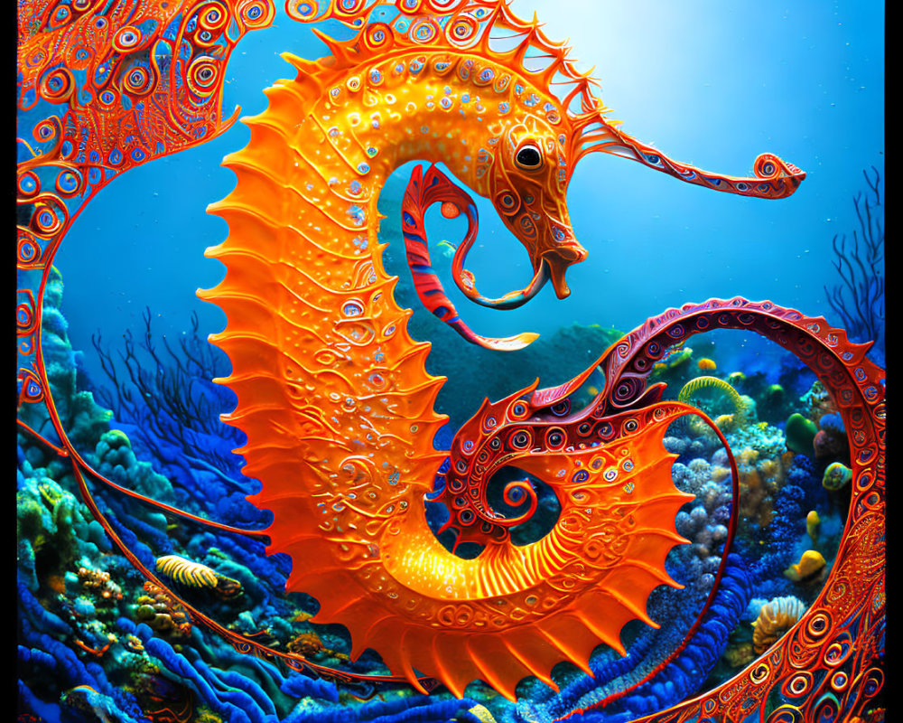 Colorful Seahorse Artwork with Ornate Patterns in Vibrant Orange Hues