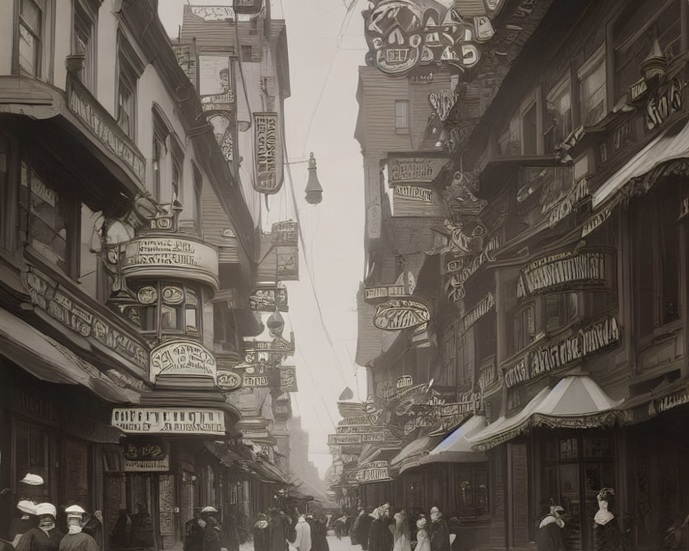Vintage Street Scene with Pedestrians and Hanging Shop Signs