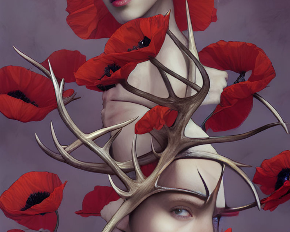 Surreal Artwork: Pale-skinned women with antlers in red poppy field