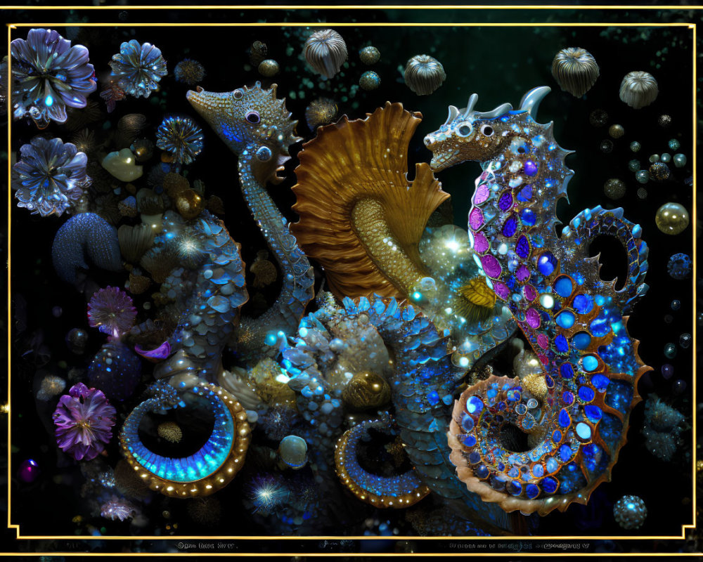 Colorful digital art: stylized seahorses with jewels and patterns on dark backdrop.