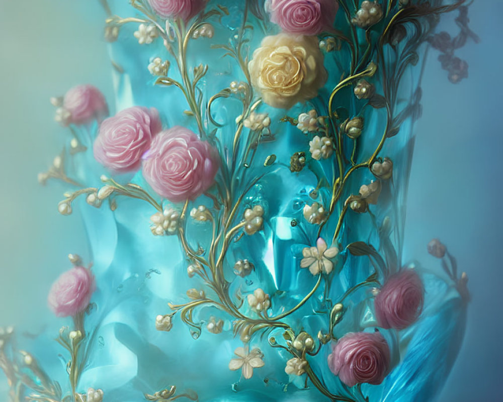 Pastel-colored flowers and golden vines with translucent blue fabric.