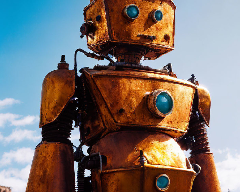 Rusted golden anthropomorphic robot with blue eyes and antennas on head against blue sky