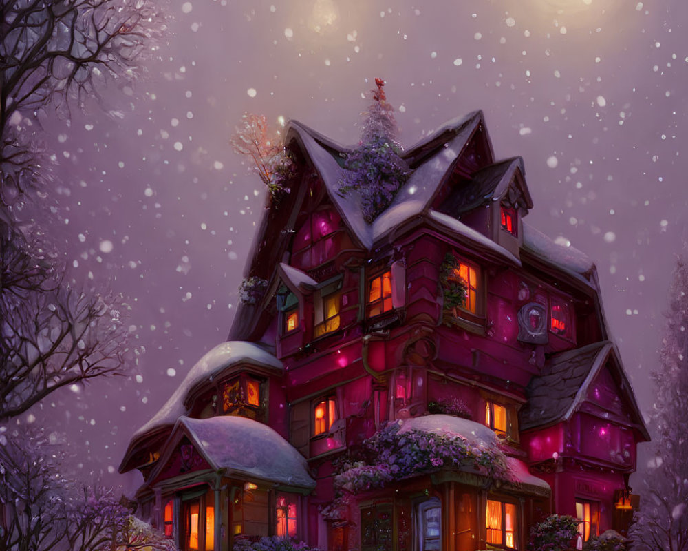 Cozy purple house in snowy landscape with decorations