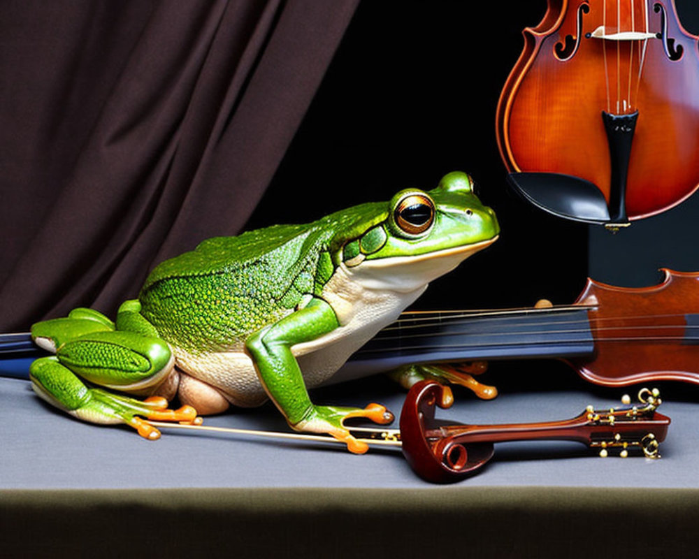 Green frog on violin strings with bow and dark background