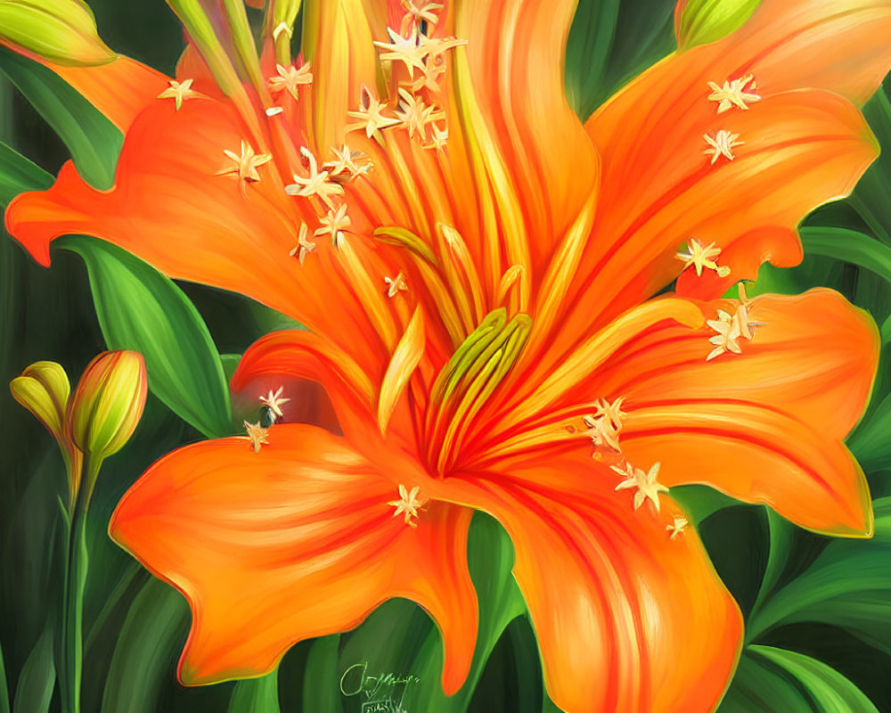 Detailed Vibrant Orange Lily Painting with Green Leaves