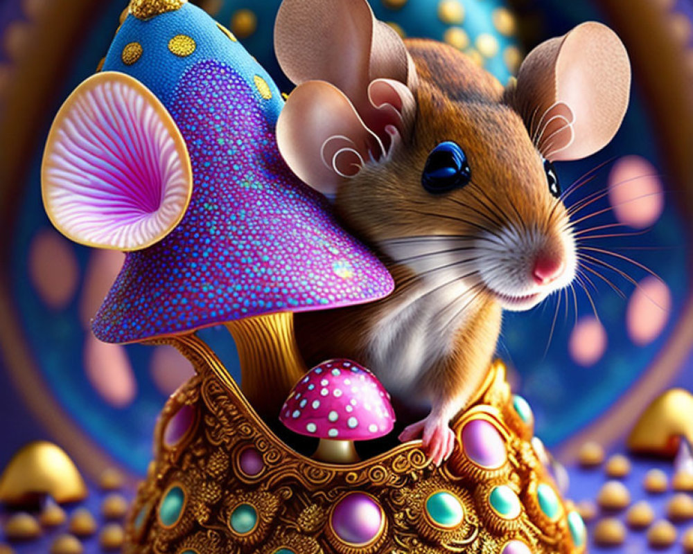 Illustration of mouse on golden egg with blue mushroom hat