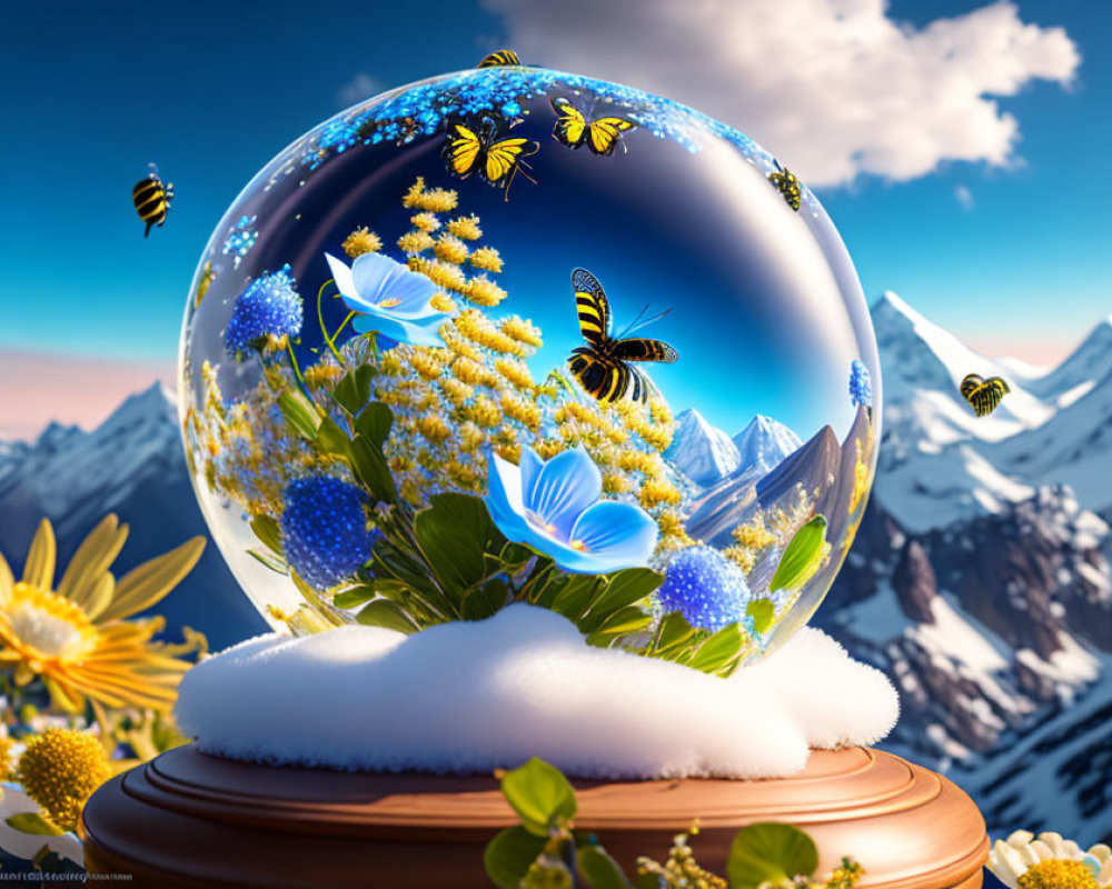 Colorful crystal ball with flowers and butterflies on pedestal against snowy mountains