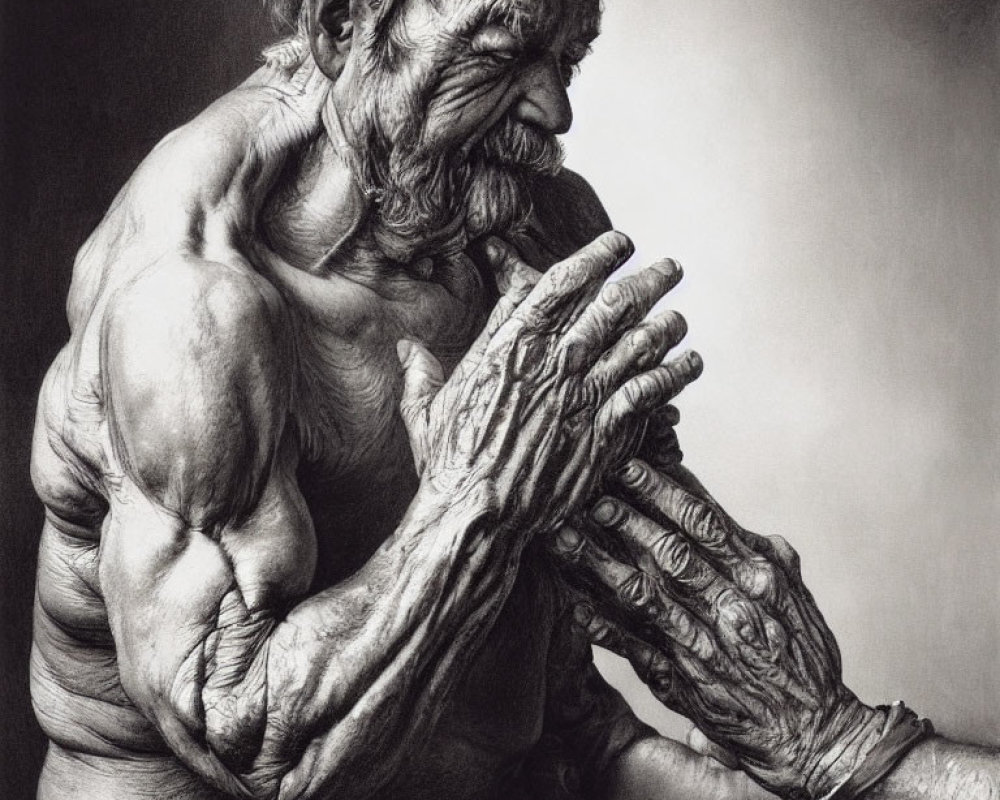 Elderly muscular man with pronounced wrinkles and veins contemplating