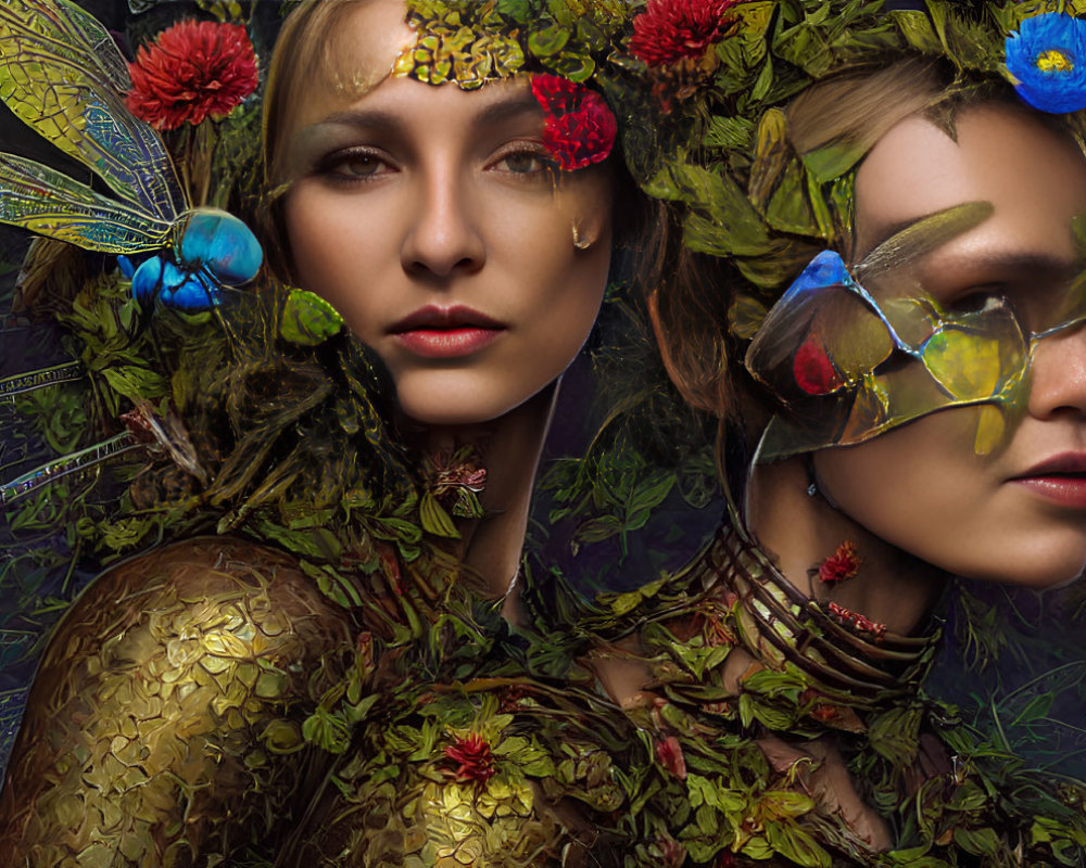 Woman portrait with vibrant flowers, leaves, and dragonfly: mystical nature theme