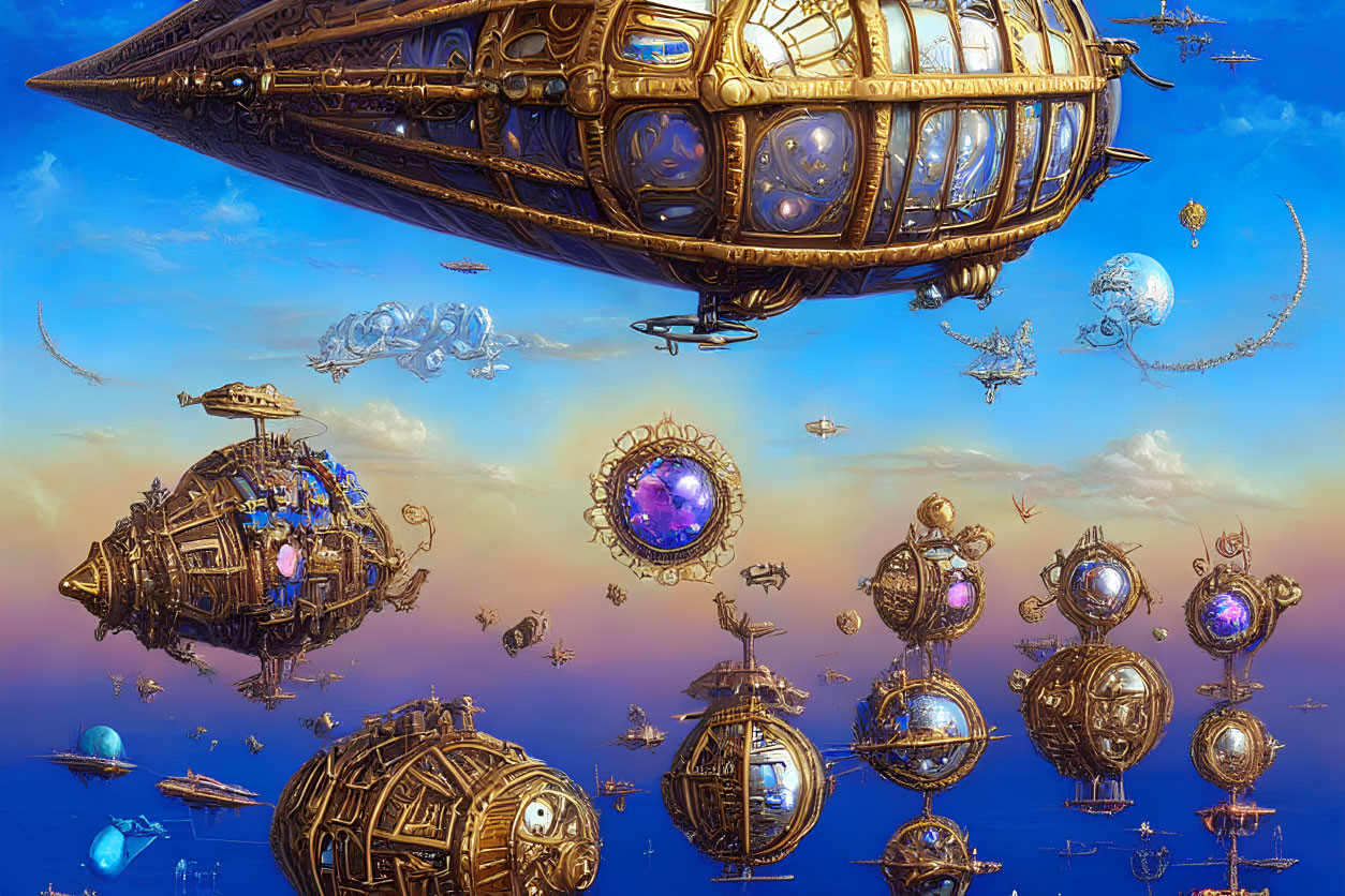 Steampunk airships and mechanical spheres in a fantastical sky