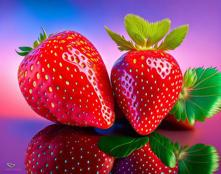 Ripe strawberries with green leaves on colorful background with reflection