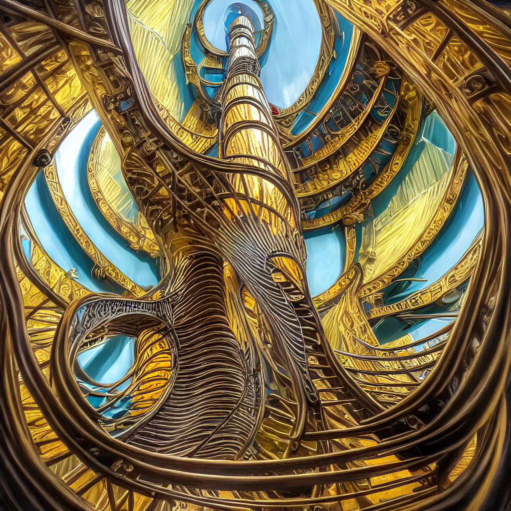 Intricate Golden Spiral Staircase Against Blue Sky