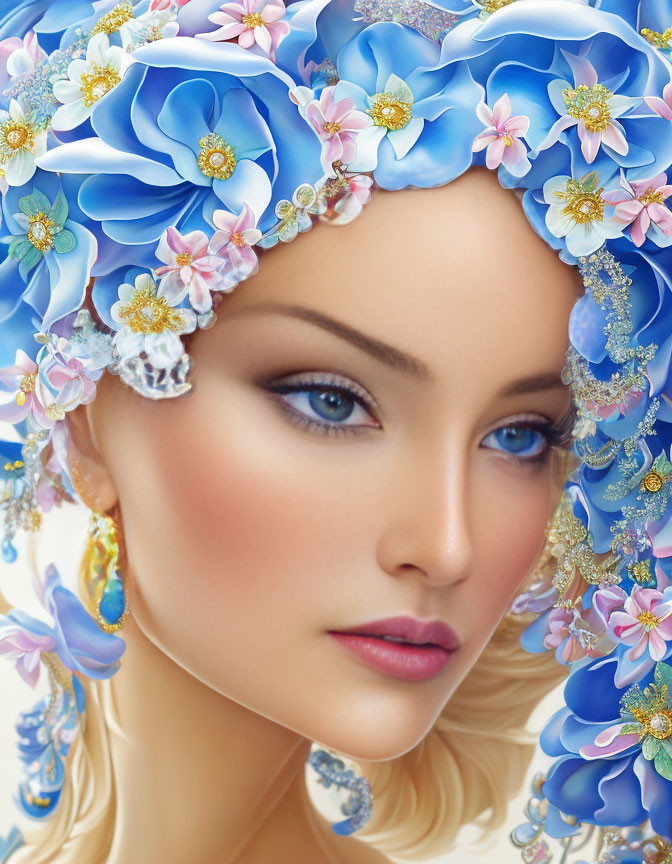 Vibrant digital portrait of woman with blue flowers and jewels in hair