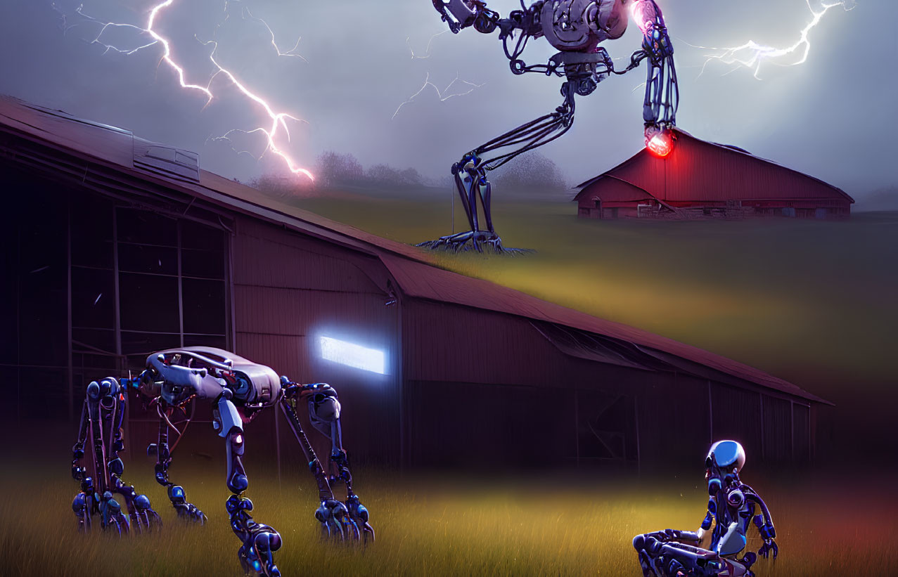 Advanced robots in stormy countryside with lightning and eerie barn glow