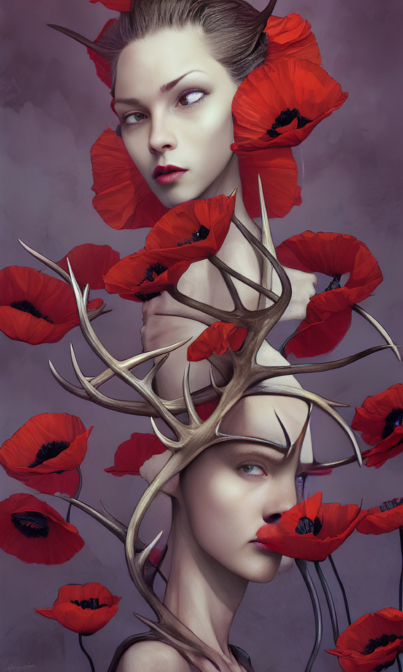 Surreal Artwork: Pale-skinned women with antlers in red poppy field