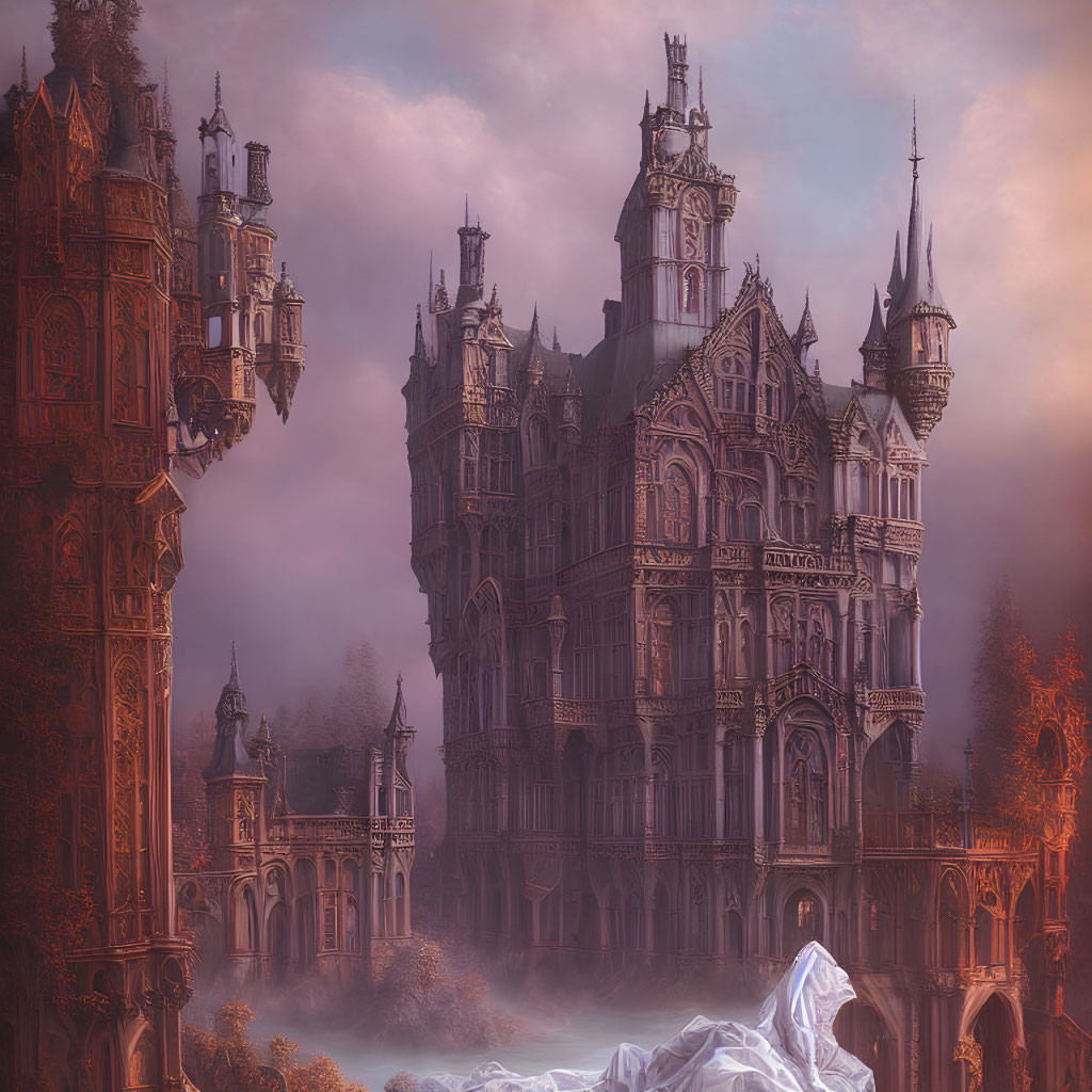 Gothic castle with intricate architecture in twilight glow surrounded by fog
