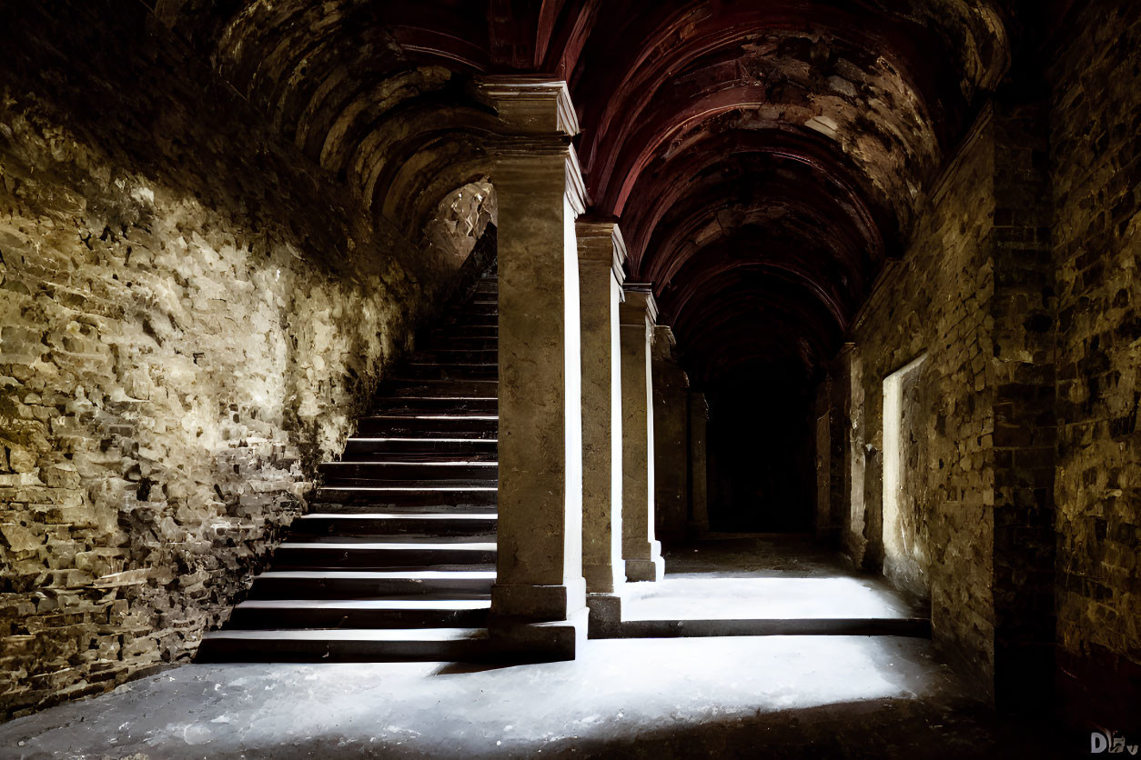Dimly lit, vaulted corridor with stone staircase evoking historical mystery.