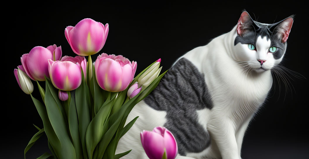 White Cat with Grey Patches Next to Pink Tulips on Black Background