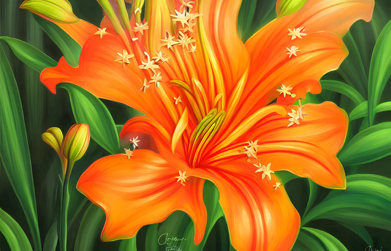 Detailed Vibrant Orange Lily Painting with Green Leaves