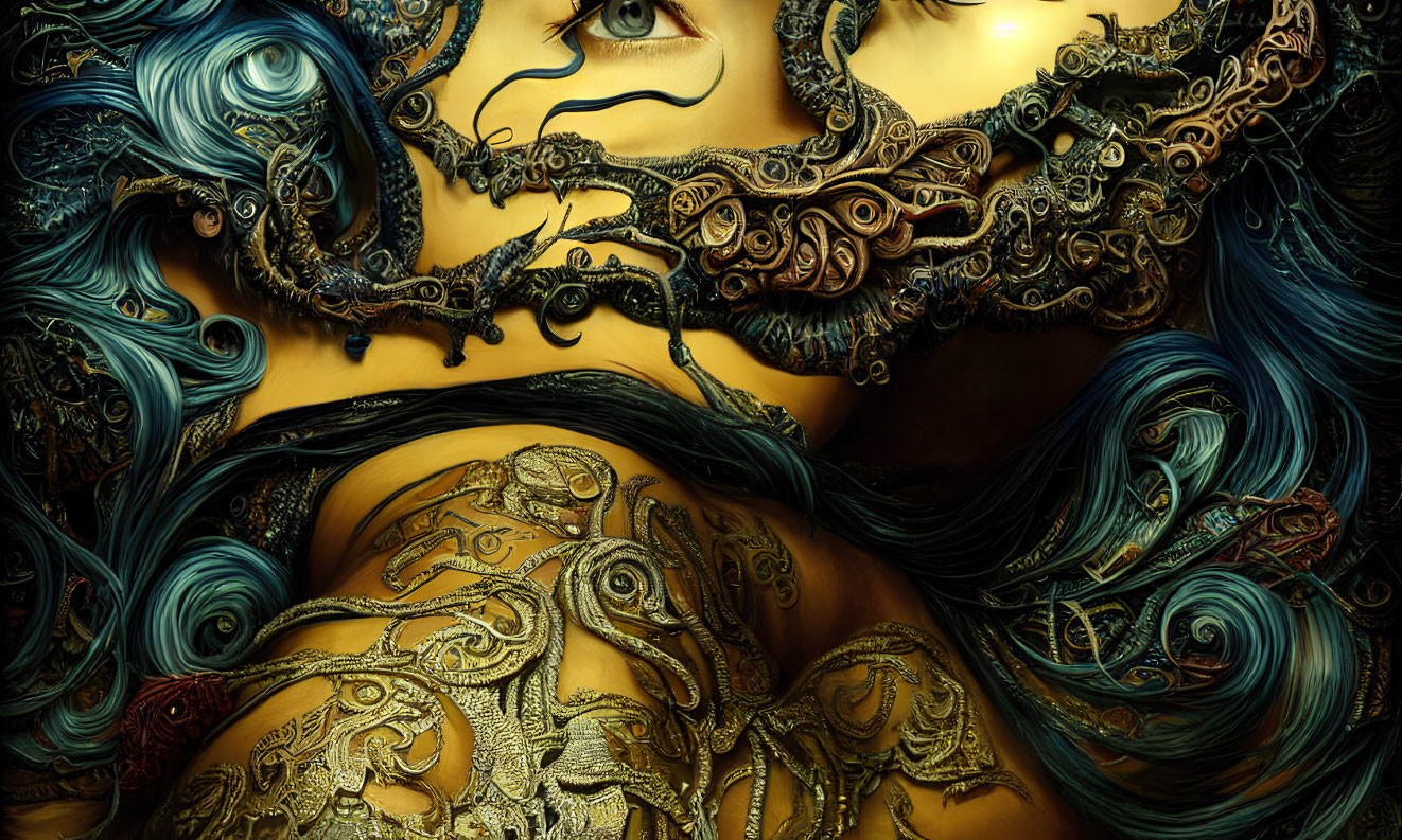 Detailed Digital Art: Woman with Swirling Blue Hair and Golden Jewelry