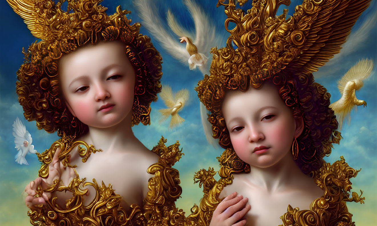Cherubic figures in golden attire under blue sky with doves