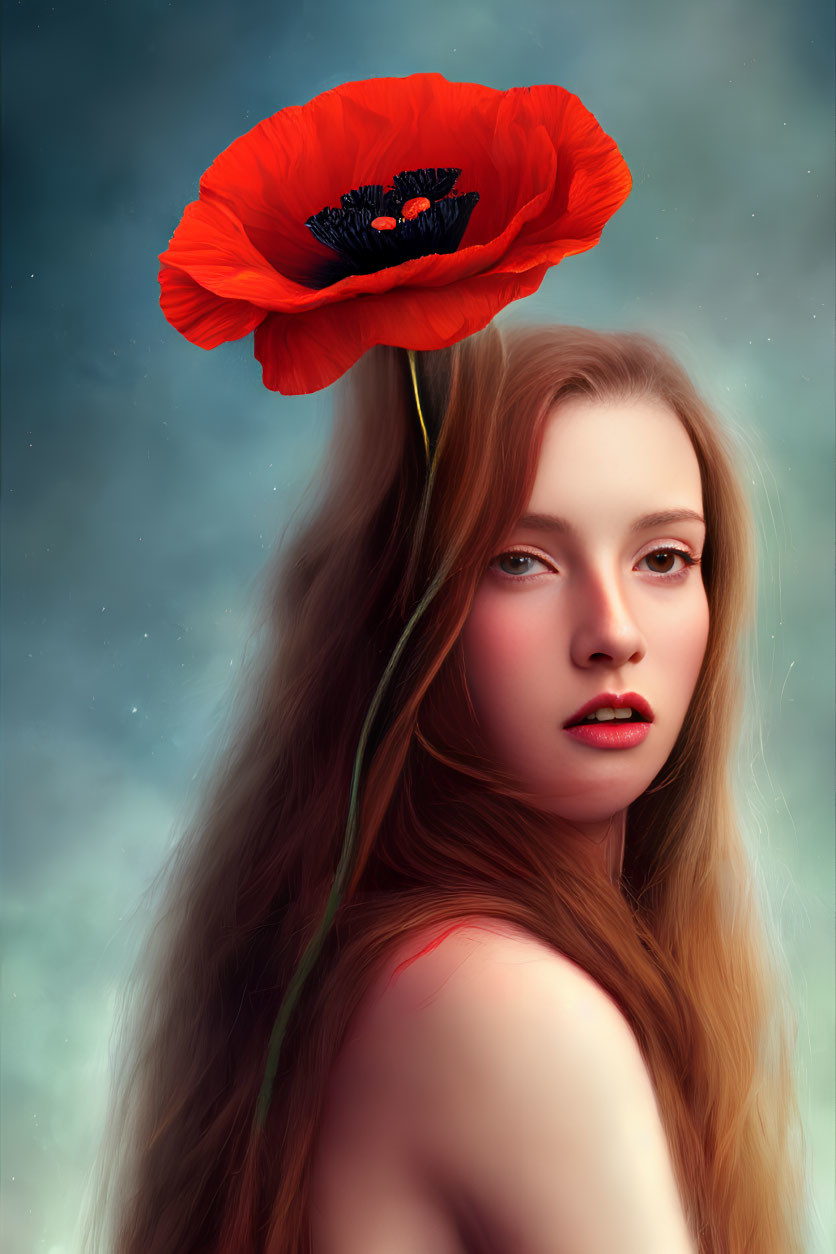 Woman with flowing hair and red lipstick wearing vibrant red poppy flower against cloudy sky.