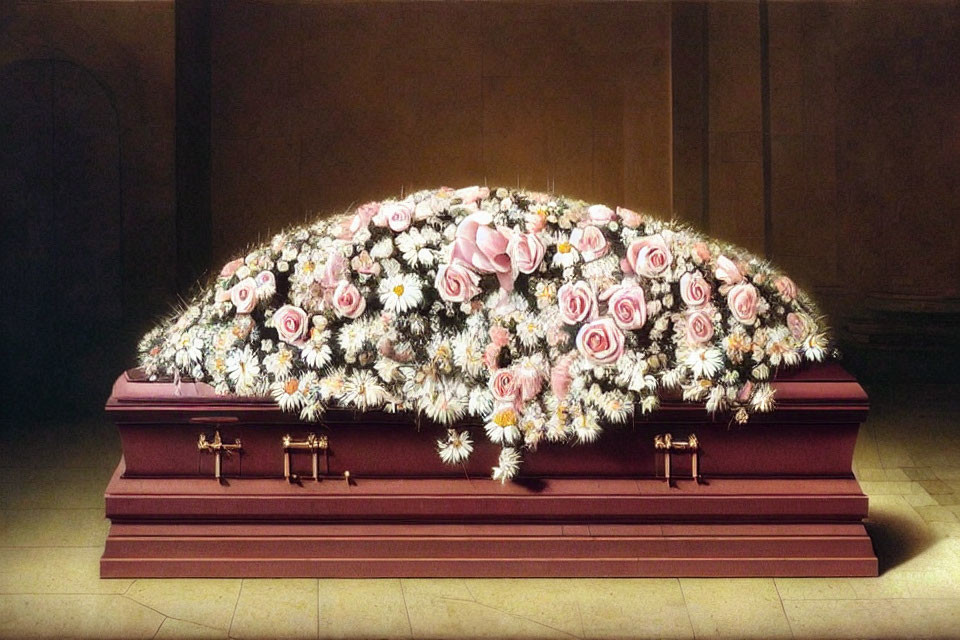 Closed casket with vibrant floral arrangement.