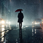 Person with red umbrella on wet city road at night
