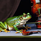 Green frog on violin strings with bow and dark background