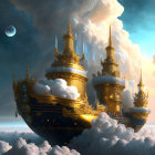 Golden temples on floating island in sky with sunset, clouds, and celestial bodies