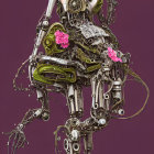 Detailed mechanical frog illustration with gears and metallic parts, holding pink flower on purple background