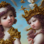 Cherubic figures in golden attire under blue sky with doves