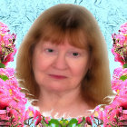 Woman with Bangs and Golden Earrings Surrounded by Pink Flowers on Blue Background