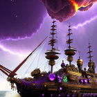 Fantastical ship with ornate masts under violet sky and airborne island