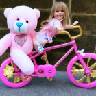 Pink Teddy Bears with Gold Crown on Pink Bicycle Surrounded by Balloons