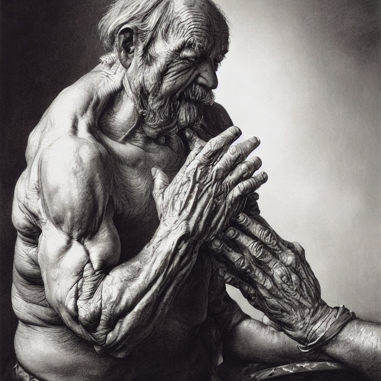 Elderly muscular man with pronounced wrinkles and veins contemplating