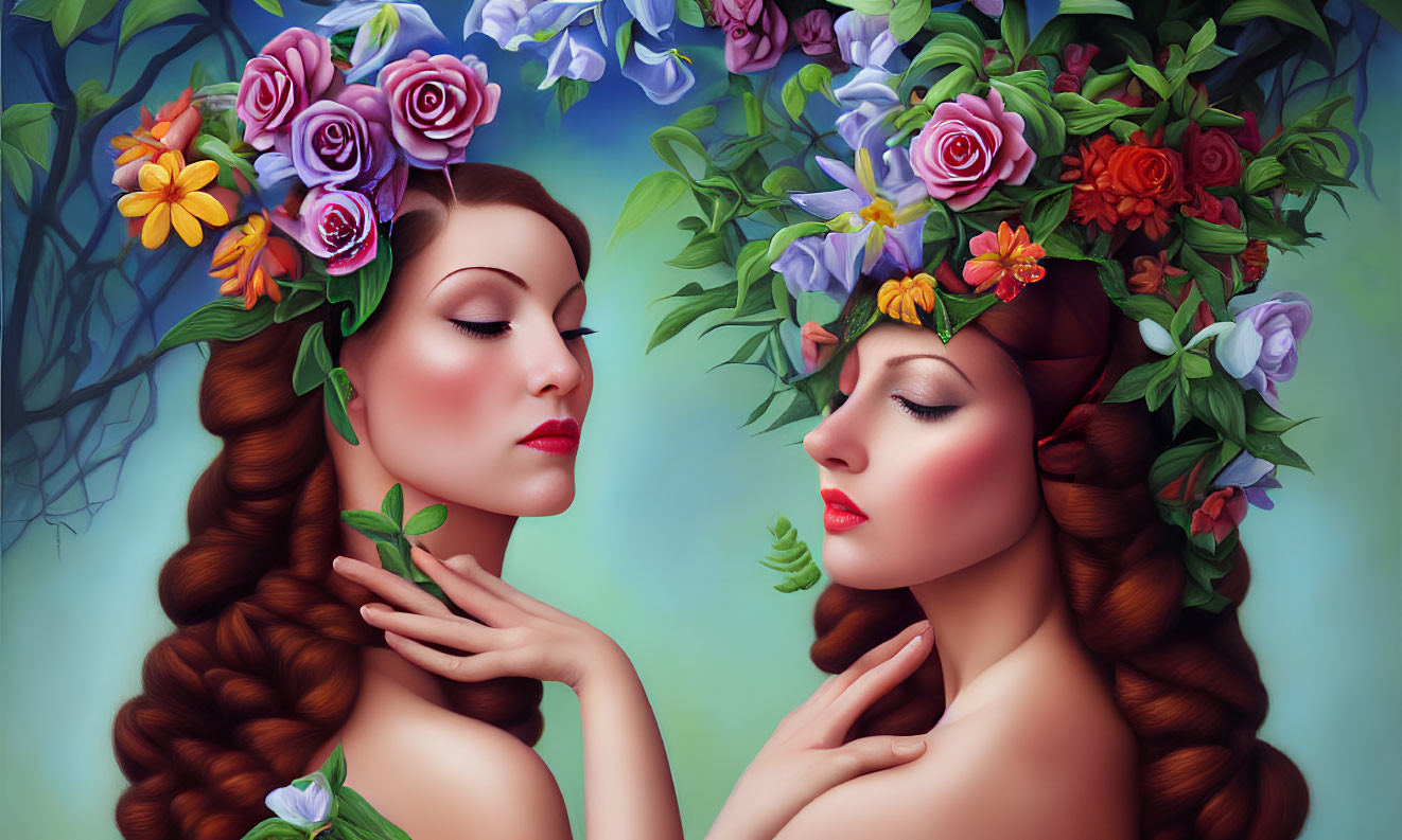 Symmetrical pose of two women with floral headdresses and braided hair in serene setting