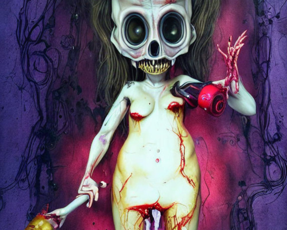 Grotesque creature with oversized skull holding doll and paintbrush on purple backdrop